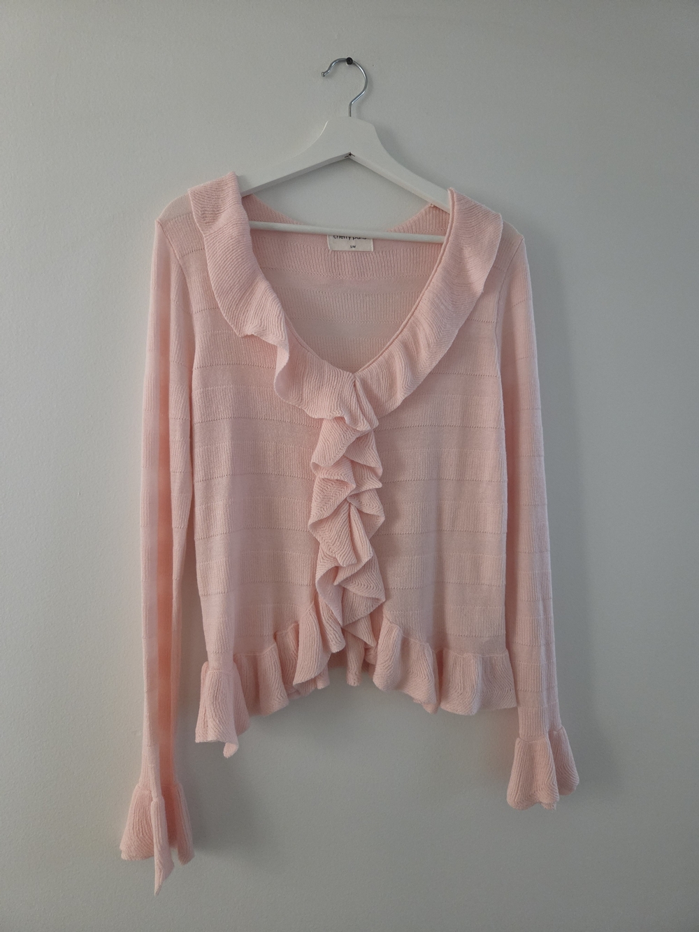 Ruffled V-Neck Lightweight Knit Cardigan - Light Pink